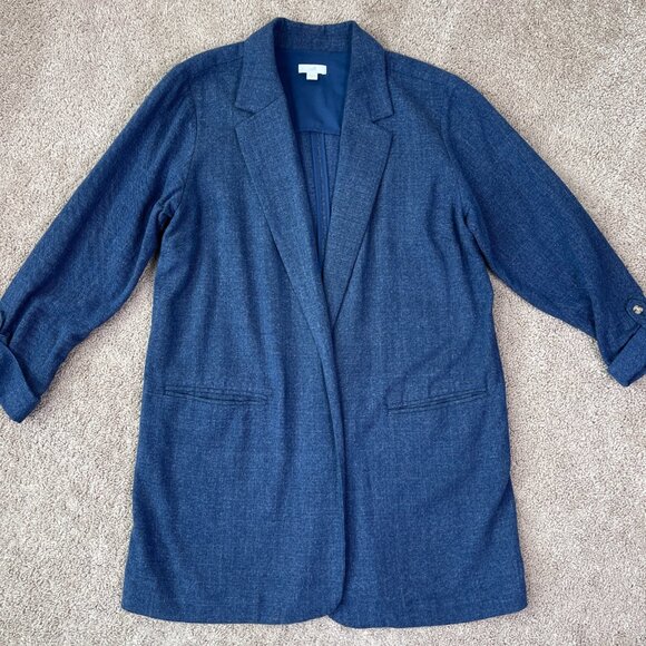 J Jill Blazer Womens S Blue Chambray Open Front Longline Jacket Artsy Oversized - Picture 1 of 10